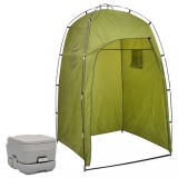 Toaletă portabilă camping vidaXL, 10+10L, cu cort verde 130x130x210cm, HDPE PP, 200kg, duș &amp; vestiar