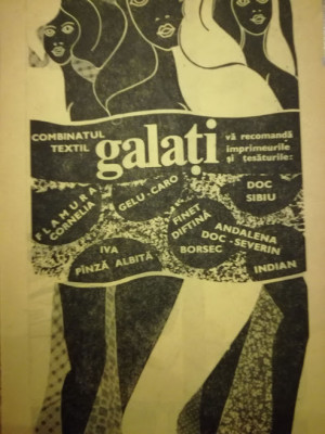 1971, Reclamă Combinatul Textil Galați, 15 x 24 cm, imprimeuri, țesături, modă foto