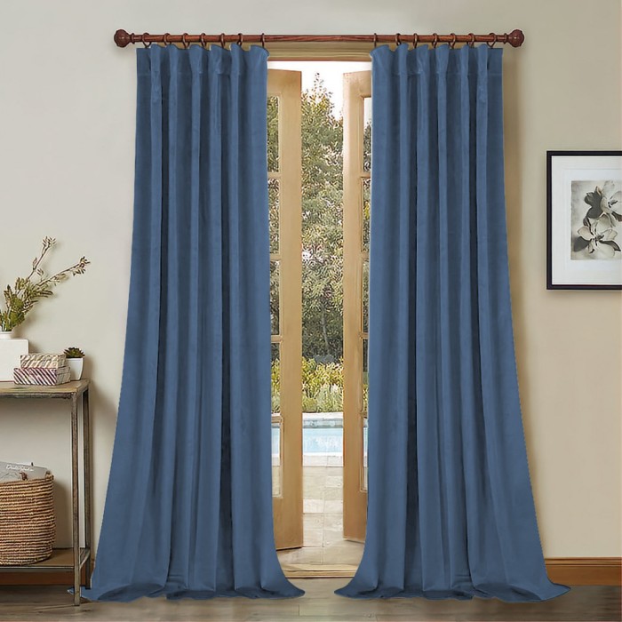 Set draperii din catifea cu rejansa din bumbac tip fagure, Madison, 250x210 cm, densitate 700 g/ml, Sky, 2 buc