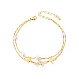 Cumpara ieftin Bratara dubla de glezna placata cu aur cu fluturi si perle