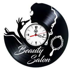 Ceas de perete din disc vinil, Tematică Beauty Salon, Design Elegant cu Siluetă Feminină și Accesorii Machiaj, Negru
