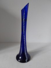 Vaza de sticla albastra Royal Blue cu alb, 30cm inaltime, vaza pentru flori, inalta si ingusta