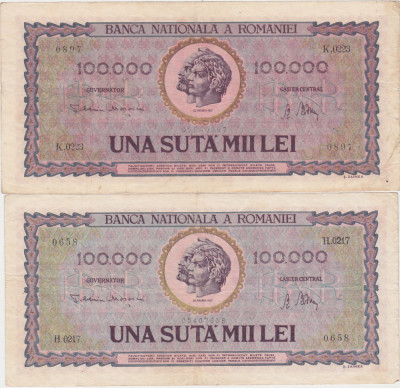 ROMANIA 2 X 100000 LEI IANUARIE 1947 VF+ VARIANTE DE CULOARE foto