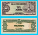 Filipine (p#111) 10 Pesos 1943 aUNC+ 'Ocupatia Japoneza' serie: 02891xx; (ROG CITITI DETALIILE!)