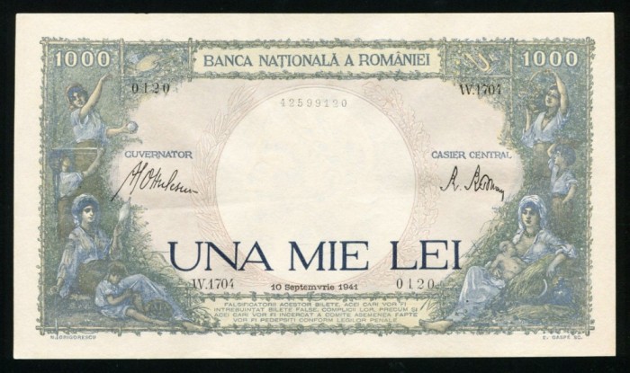 u575 ROMANIA 1000 lei 1941 aUNC doar un pliu orizontal slab