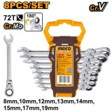 Set trusa chei combinate cu clichet cu cap flexibil 8-19 mm 8 bucati - Ingco HKSPAR1083