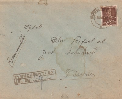 1942 Romania - Plic recomandat la Prefectura Turnu Severin circulat fara cenzura foto