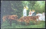 Carte Postala, Romania, Caruta si grup de oameni in costume traditionale, perioada interbelica