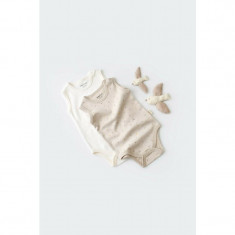 Set 2 body-uri fara maneci bebe unisex -100% bumbac organic - Crem cu buline, BabyCosy (Marime: 6-9 luni)