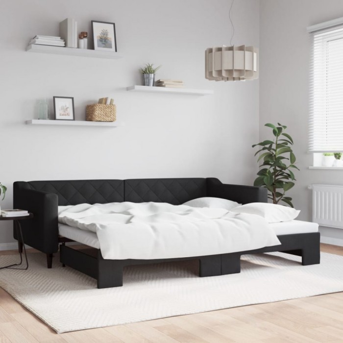 Pat de zi cu extensie, negru, 90x200 cm, textil