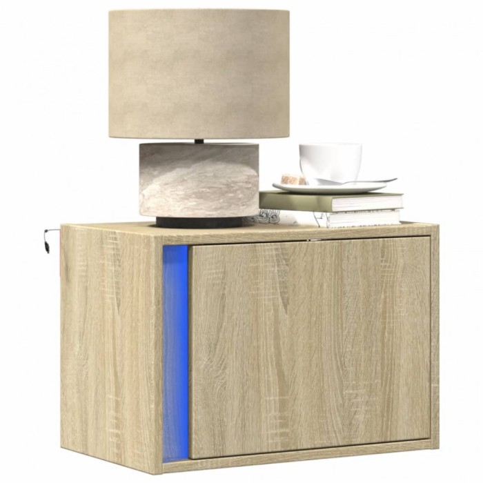Gossi noptiere montate pe perete cu lumini led, 2 buc., stejar sonoma
