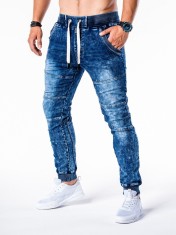 Blugi pentru barbati, albastri, slim fit, conici, siret alb, casual, skinny, banda jos - P551 foto