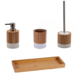 Set accesorii din bambus pentru baie, dozator sapun lichid, pahar, savoniera si perie toaleta, alb natur, Oem
