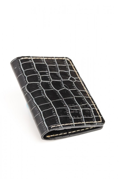 Portcard din piele naturala, lucrat si cusut manual, Orion, Handmade, Negru croco, Produs in Romania