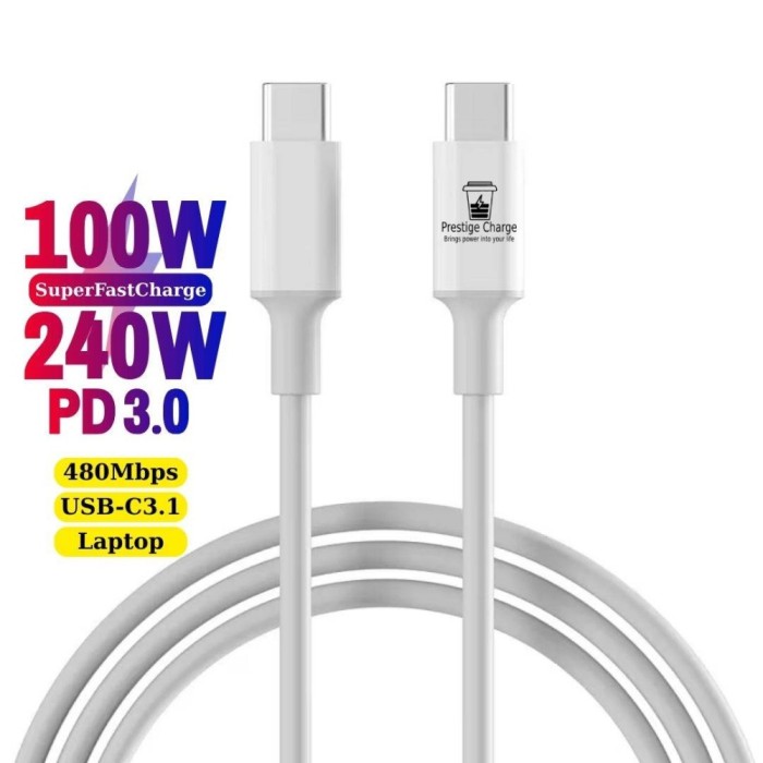 Cablu date si incarcare rapida 100/240W, PRESTIGE CHARGE&reg;, SuperFastCharge pentru Laptop, Samsung, Iphone 15, PREMIUM, USB-C la USB-C, Type C, 2m, alb