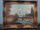 Ulei pe p&acirc;nză o lucrare foarte veche semnata &icirc;ncadrată &icirc;ntr-o ramă lata din lemn masiv in stilul Baroc,, Peisaje, Realism
