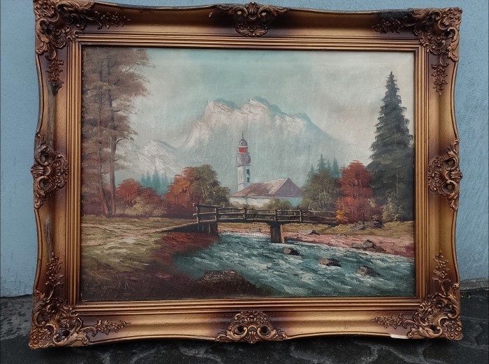 Ulei pe p&acirc;nză o lucrare foarte veche semnata &icirc;ncadrată &icirc;ntr-o ramă lata din lemn masiv in stilul Baroc,