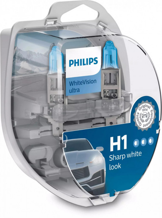 Bec Philips H1 12V 55W Whitevision Ultra P14,5S Set 2 Buc + 2 Buc W5W 12258WVUSM