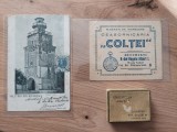 Lot Carte poștala Turnul Colței / Timbru Carol 5 Bani / Cutie Ceasornicaria Colței / Bon Ceasornicarie ceas Tellus