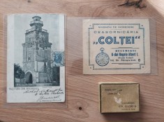 Lot Carte poștala Turnul Colței / Timbru Carol 5 Bani / Cutie Ceasornicaria Colței / Bon Ceasornicarie ceas Tellus