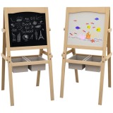 AIYAPLAY Sevalet Creativ 3 &icirc;n 1 pentru Copii, cu Rola de H&acirc;rtie, Tablă pentru Creion și Cretă, Educațional, Lemn Natural, 3-6 Ani | Aosom Romania