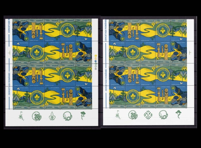 ✅RO 1997 ,LP 1442 b ," Cercetasii Romaniei ", perechi de blocuri de 4 serii , cate doua perechi tete-beche , ambele tipuri de viniete, MNH