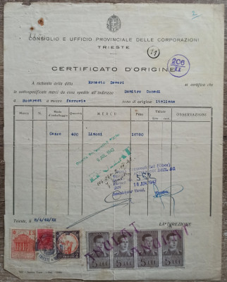 Certificat de origine a marfii, destinatia Bucuresti, Trieste, Italia 1942 foto