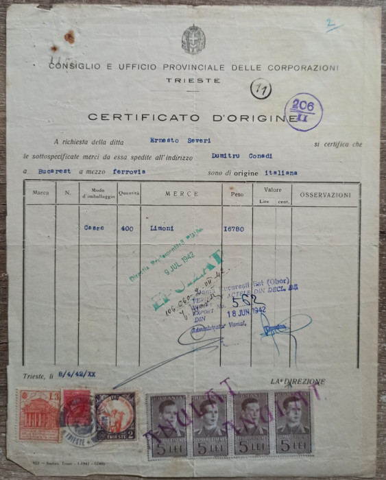 Certificat de origine a marfii, destinatia Bucuresti, Trieste, Italia 1942