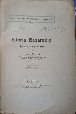 ISTORIA BASARABIEI. SCRIERE DE POPULARIZARE-ION I. NISTOR foto