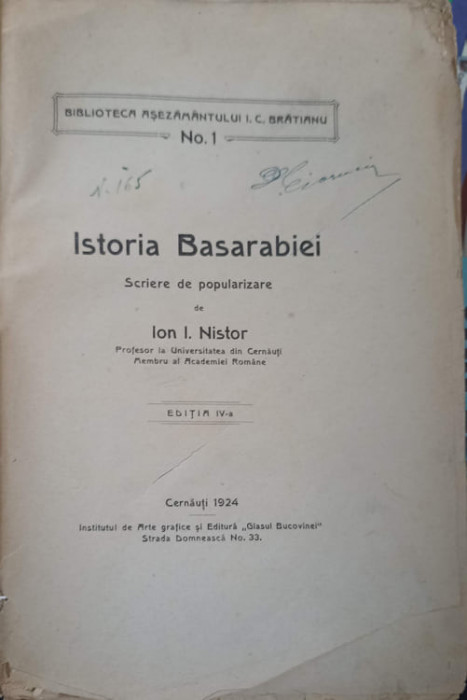 ISTORIA BASARABIEI. SCRIERE DE POPULARIZARE-ION I. NISTOR