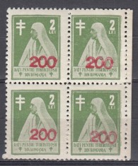 ROMANIA 1934/47 TIMBRE AJUTOR ASISTENTA SOCIALA REGINA MARIA DATI PENTRU TUBERCULOSII DIN ROMANIA 2L VERDE SUPRATIPAR ROSU BLOC DE 4 TIMBRE STARE MNH
