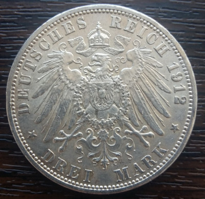 (A744) MONEDA DIN ARGINT GERMANIA, PRUSIA - 3 MARK 1912, LIT. A, WILHELM II foto