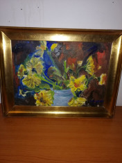 Tablou pictura ulei pe placaj vaza cu flori galbene semnat datat 1949 foto