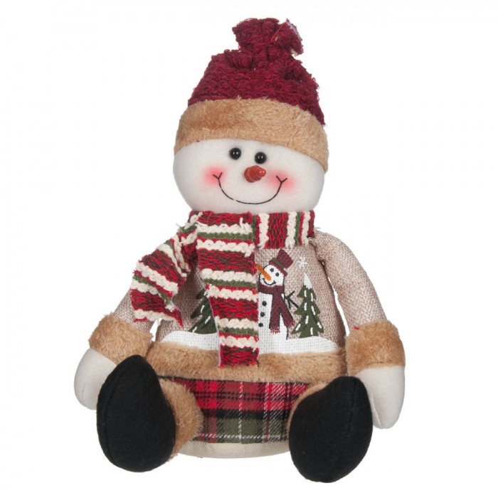 Figurina Decorativă Crăciun, Om de Zăpadă, 24 cm, Păr Roșu, Caciulă Bej, Fular cu Dungi