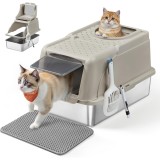 FEANDREA Litiera inchisa pentru pisici XL, inox, capac rabatabil 180&deg;, intrare dubla, lopatica si perie incluse, 61x41x37 cm, bej