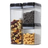 Cutii de Depozitare Alimente, Flippy, Set din 3 Cutii de tip Container, Recipiente pentru Cereale in Bucatarie, Transparente cu Capac Negru