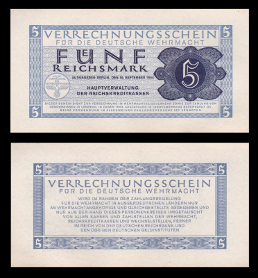 GERMANIA █ bancnota █ 5 Reichsmark █ 1944 █ P-M39 Ro. 512 █ WEHRMACHT █ UNC foto