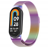 Curea smartwatch compatibila xiaomi mi band 8 / 8 nfc, catarama metalica, magnetica, minimalista, rainbow