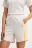 adidas pantaloni scurti femei, culoarea bej, cu imprimeu, high waist, IS3675