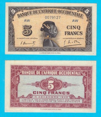 Africa Occidentala (p#28) 5 Francs 1942 aUNC+ &amp;#039;Serie cu doua litere&amp;#039; serie: AW0079127 foto