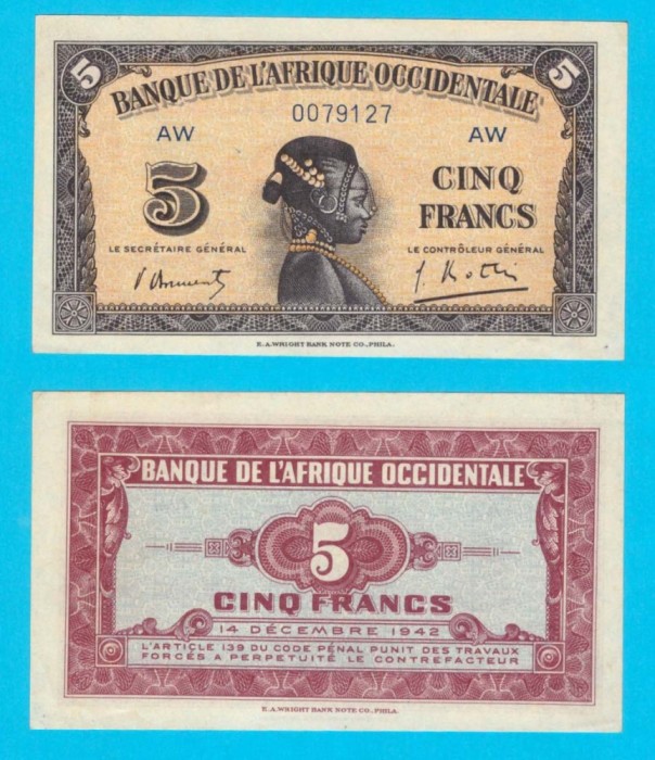 Africa Occidentala (p#28) 5 Francs 1942 aUNC+ &#039;Serie cu doua litere&#039; serie: AW0079127