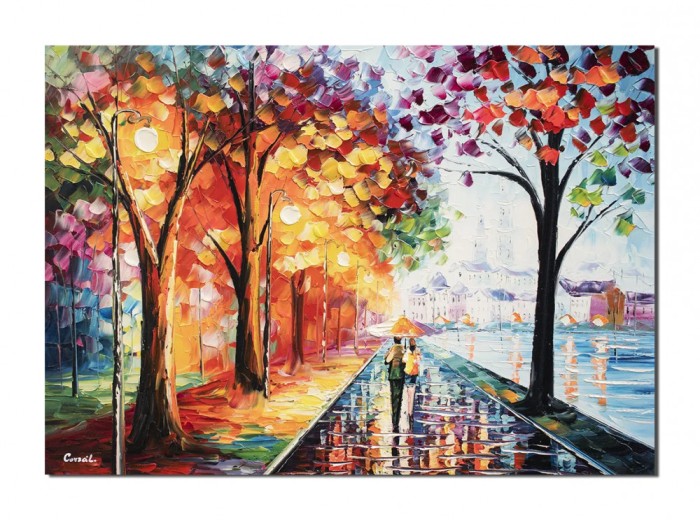 Tablou indragostiti pictat manual, Impreuna pe aleea vietii, 70x50cm ulei pe panza, Magistral
