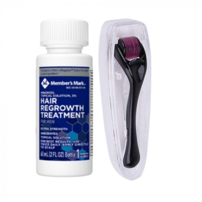 Minoxidil Member&#039;s Mark 5%, 1 Luna Aplicare, Dermaroller Cu Carcasa Protectoare, Tratament Pentru Barba / Scalp