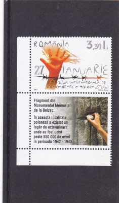 ZIUA INTERNATIONALA A HOLOCAUSTULUI,2007,NEUZAT CU TABS RAR! MNH ** ,Lp.Nr1754a. foto