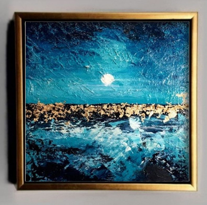 Tablou pictat manual Peisaj placat cu foita aur 100x100cm Galerie arta