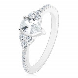 Inel de logodnă din argint 925 - margini crestate cu zirconii, lacrimă lucioasă, transparentă - Marime inel: 50