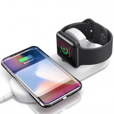 Incarcator wireless 2 in 1 pentru iPhone, Samsung, Airpods, ceas Apple, Samsung culoare Alb foto