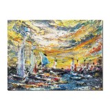 Tablou pictat manual, Peisaj marin cu iole si barci - 40x30cm acril in cutit efect 3D, gata de expus pe perete