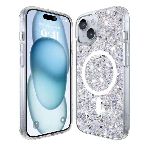 Husa MagSafe pentru Apple iPhone 15, Techsuit, Sparkly Glitter, Alba