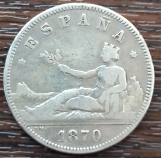 (A556) MONEDA DIN ARGINT SPANIA - 2 PESETAS 1870 DEM, 10 GRAME, PURITATE 835